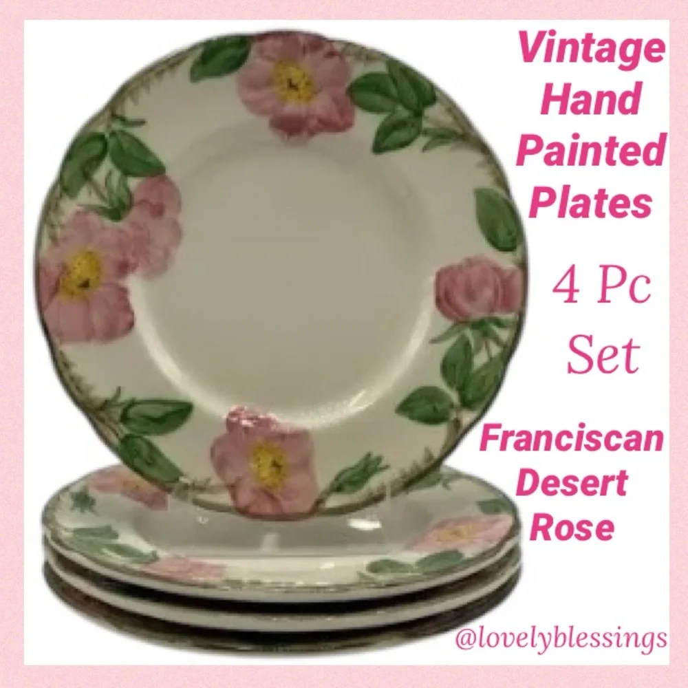 Franciscan Desert Rose 10” Dinner Plates  Vintage Hand Painted England 4 Pc Set